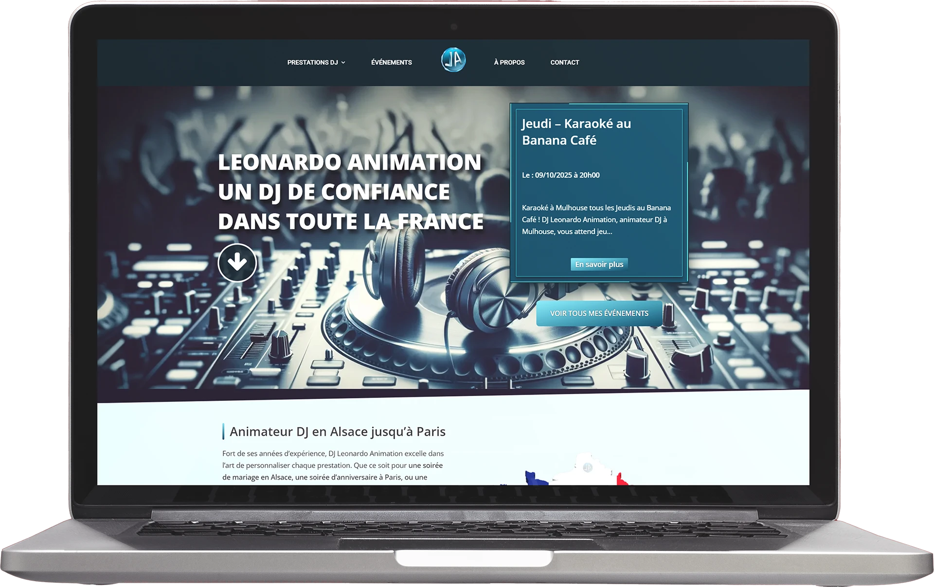 Maquette PC du site internet de DJ Leonardo Animation, réalisé par l'agence web Kodeeus