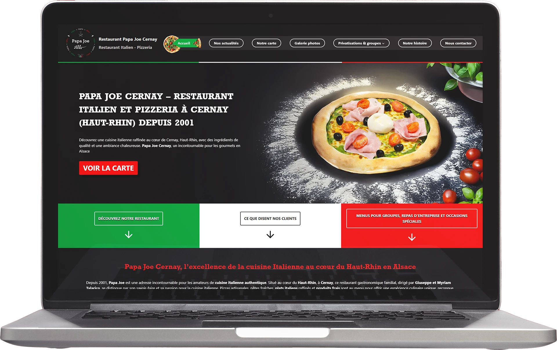 Maquette PC du site internet du restaurant Papa Joe à Cernay, réalisé par l'agence web Kodeeus