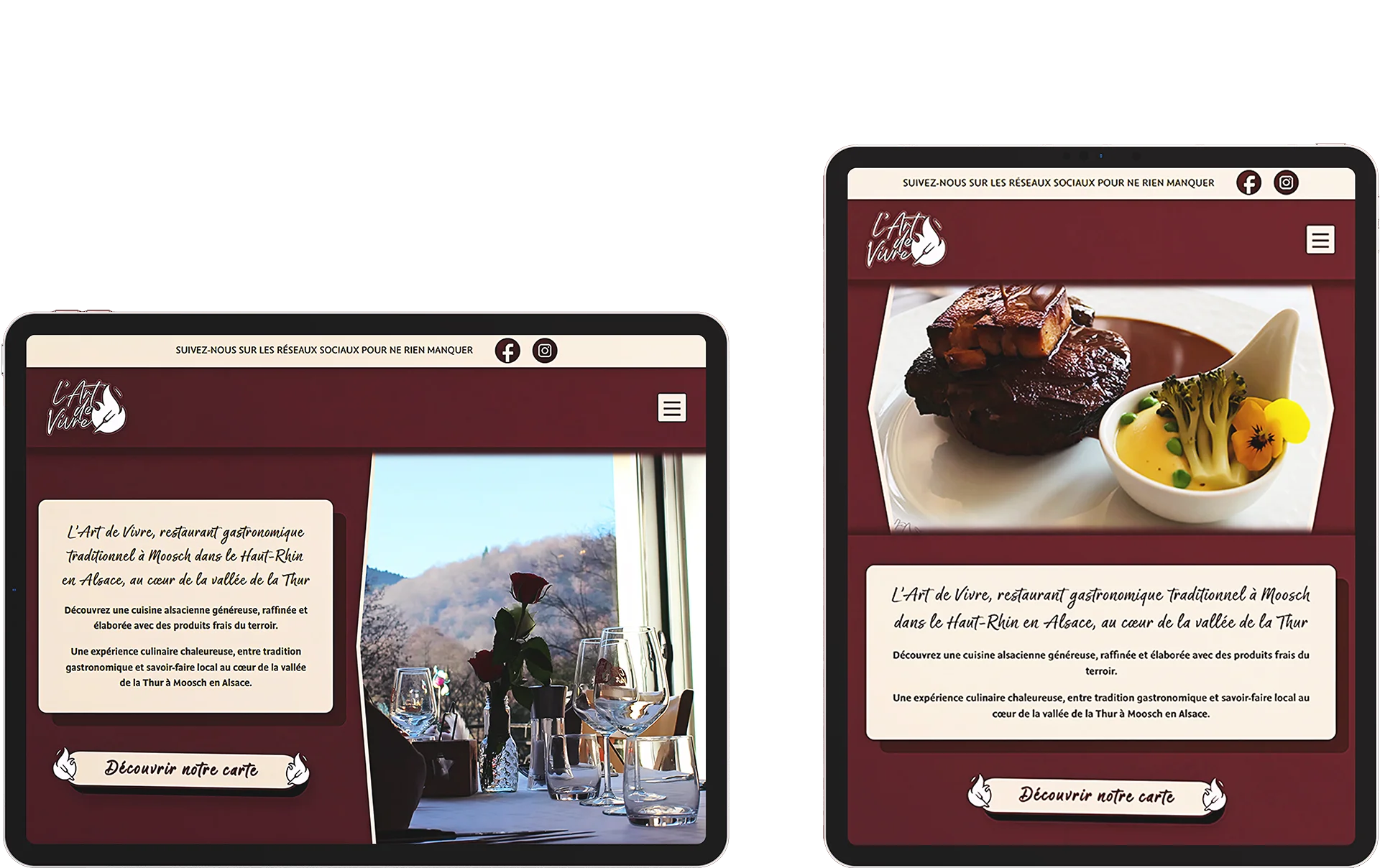 Maquette Tablette du site internet du Restaurant L'Art de Vivre Moosch, réalisé par l'agence web Kodeeus